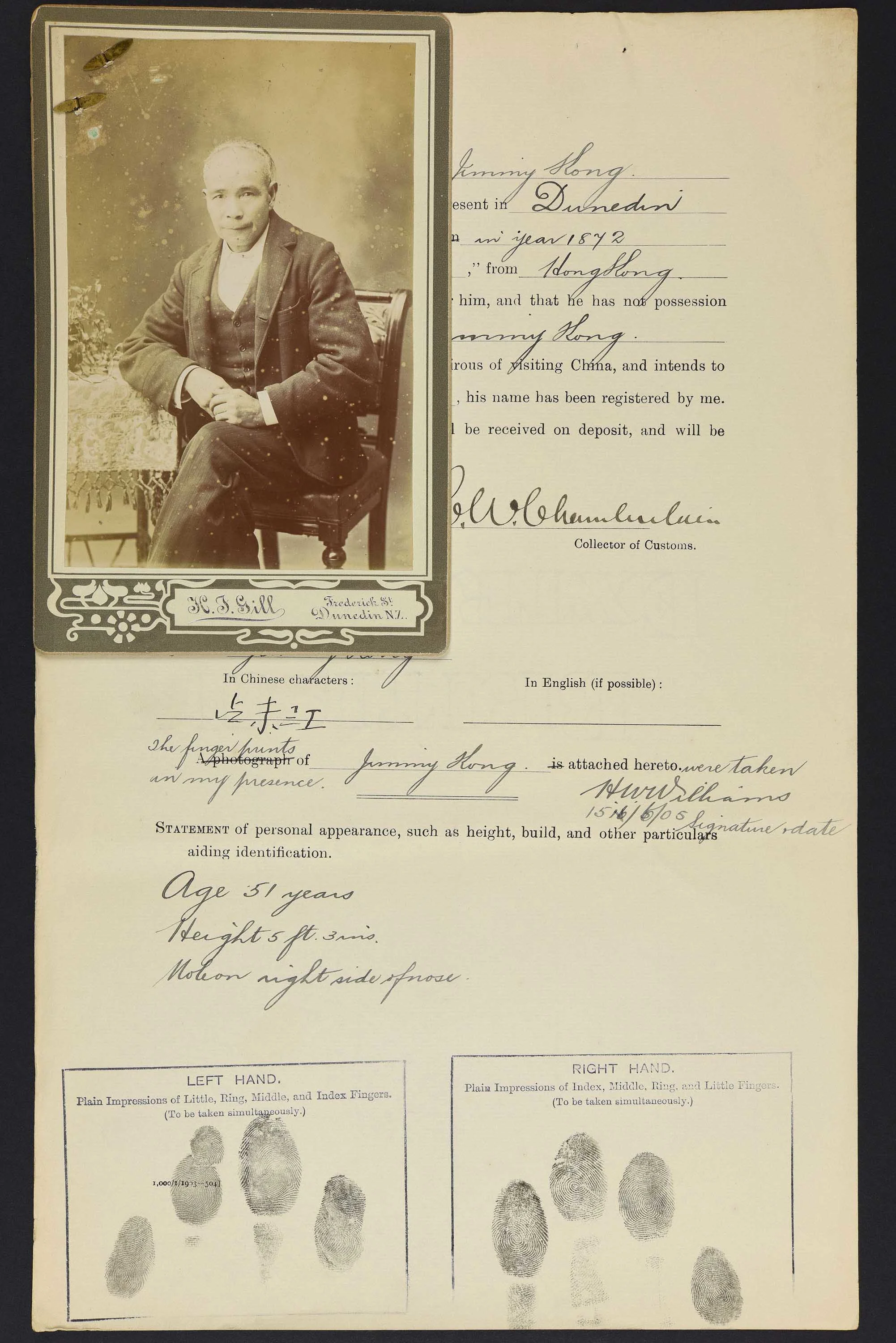 Sepia photo portrait of a seated Chinese man attached to his immigration papers.