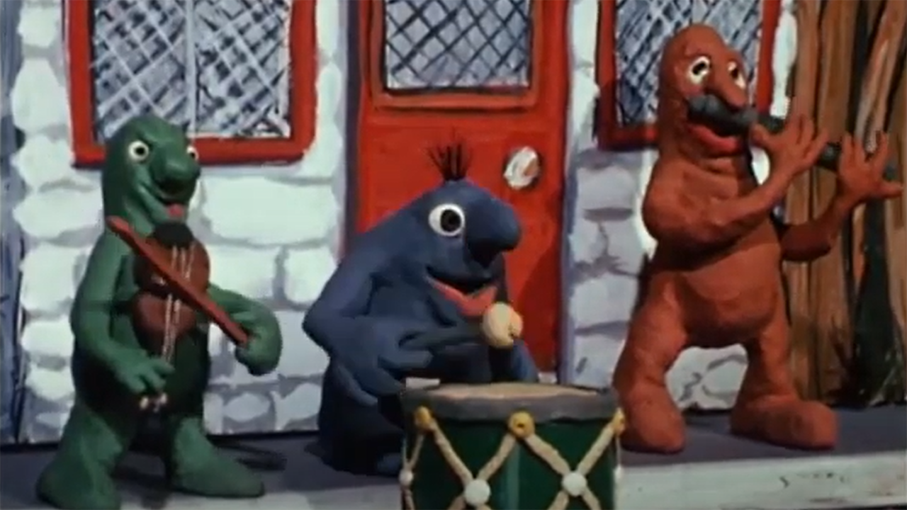 A still from 'Plastiphobia'. Plasticine characters play in a band.