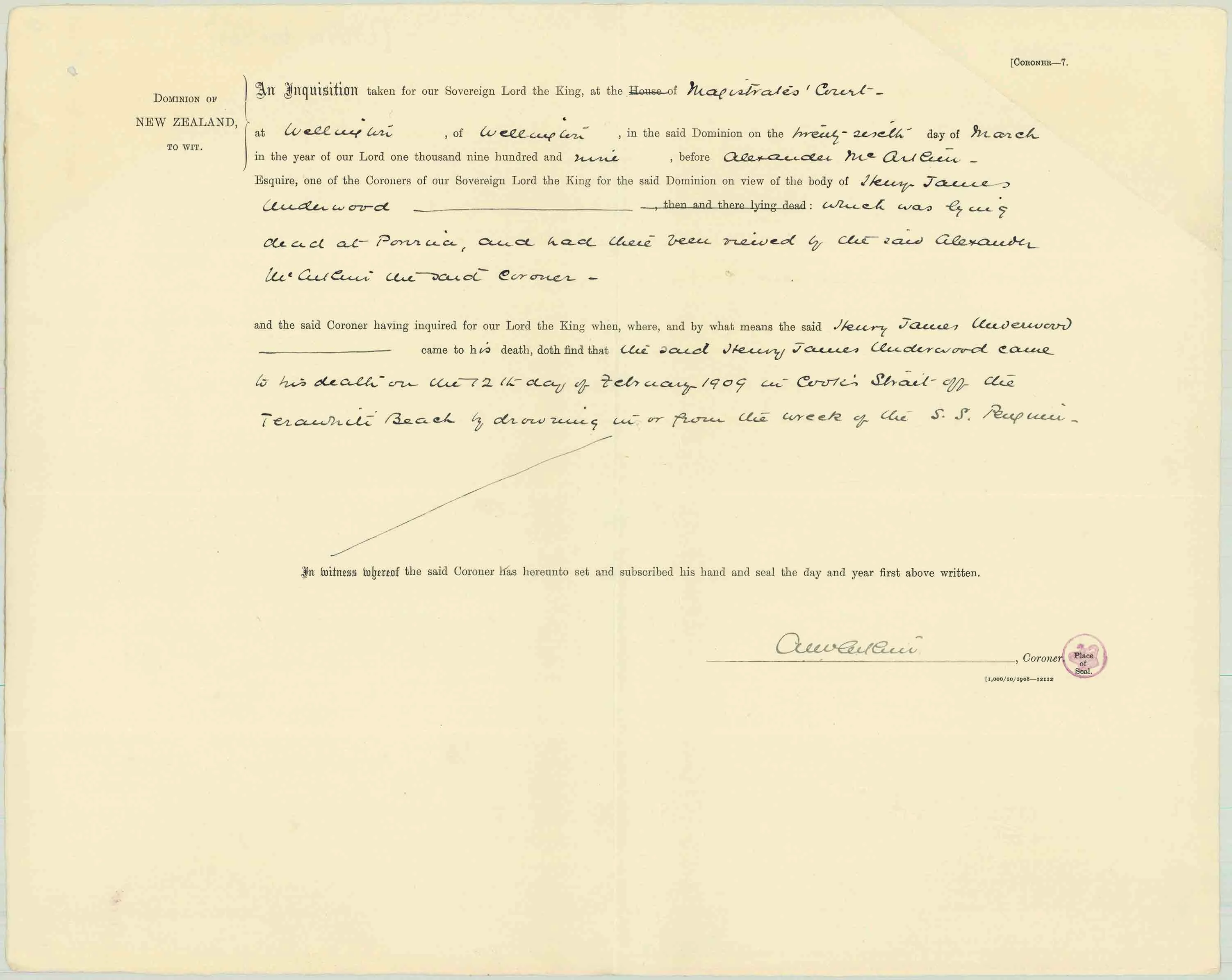 Coroner’s verdict for Henry James Underwood