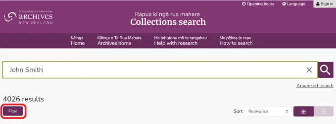 The search filter is on the left of the results page.