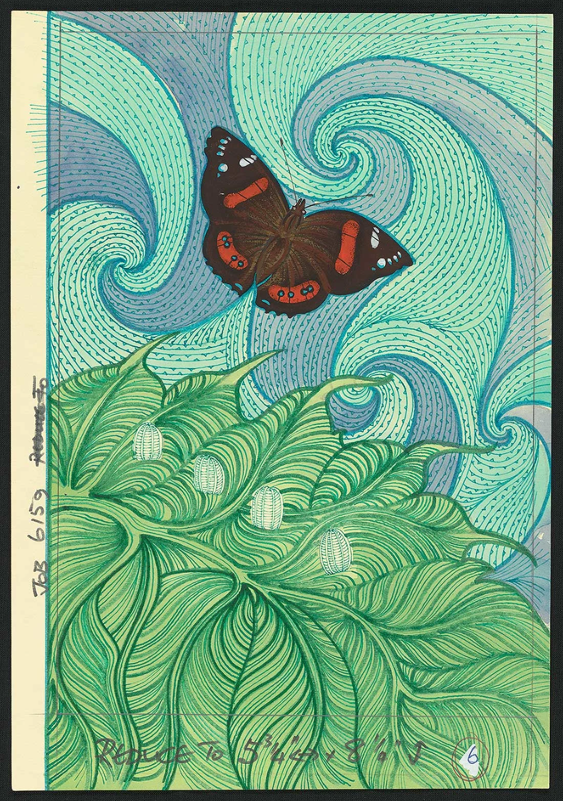Coloured illustration of a black and orange moth on a background of blue circular patterns with a green plant at the bottom