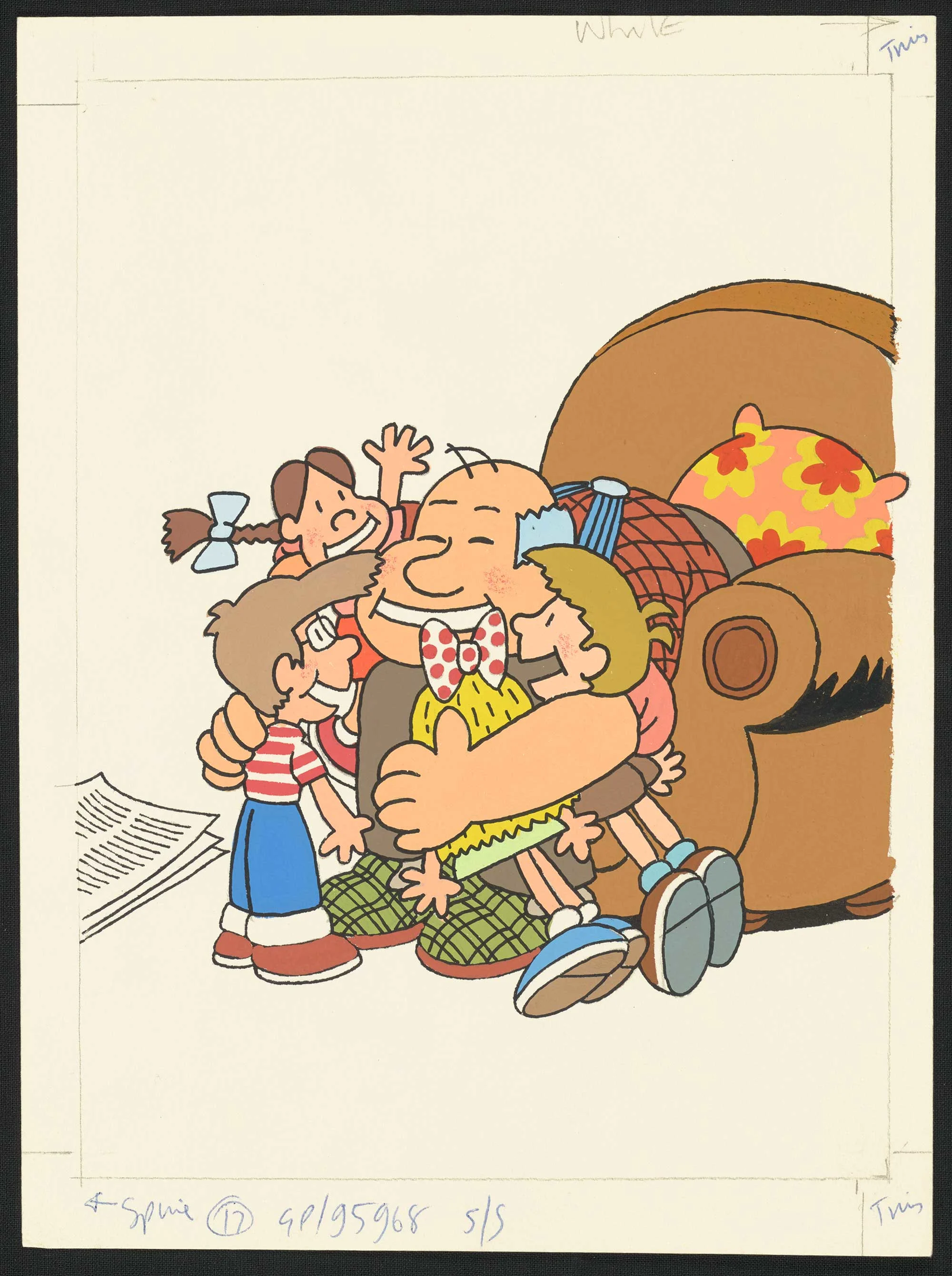 Coloured illustration of an old man sitting on a chair and hugging four kids
