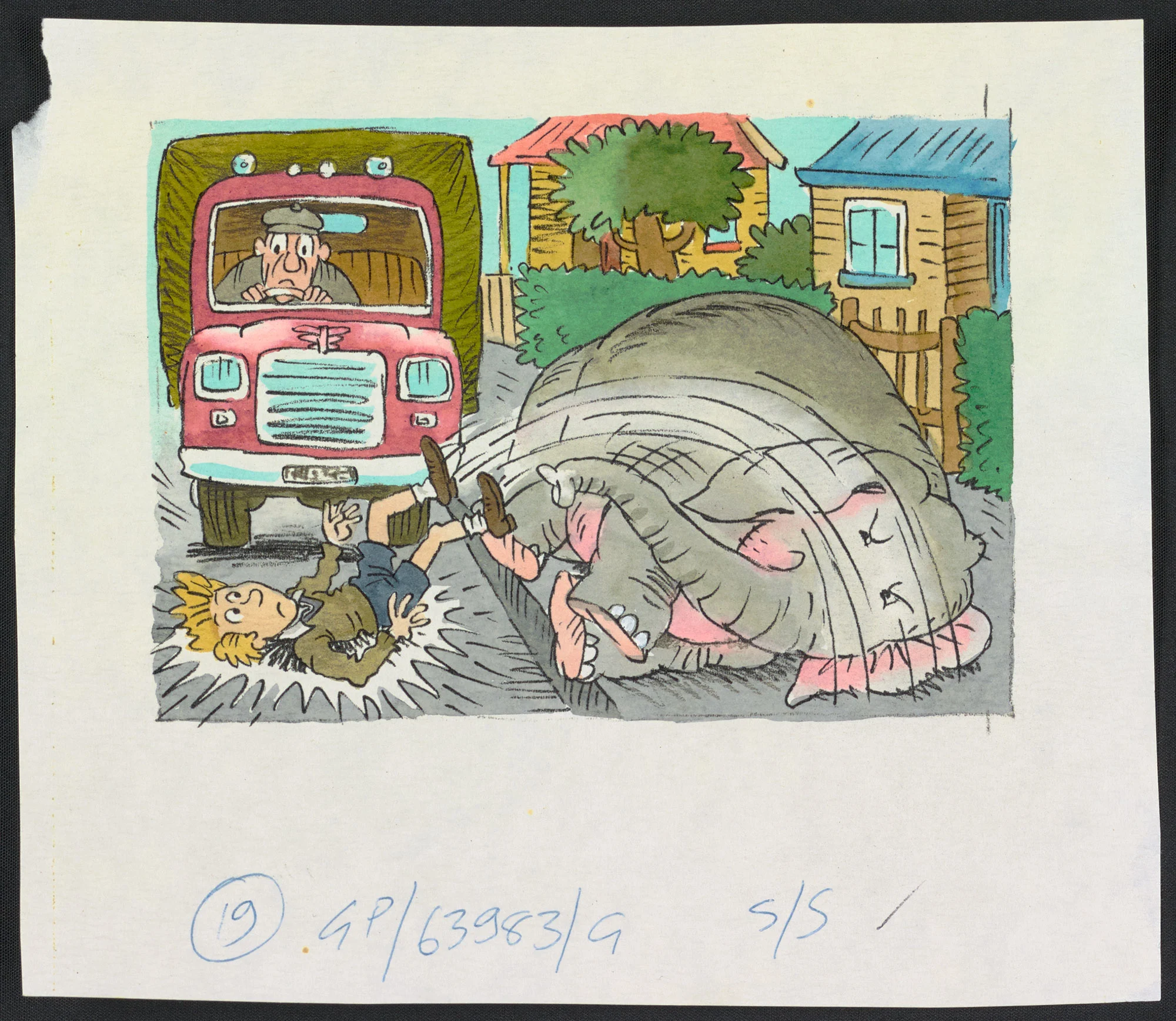 Coloured illustration of a man in a red car, a boy fallen down in the front and an elephant fallen on the footpath