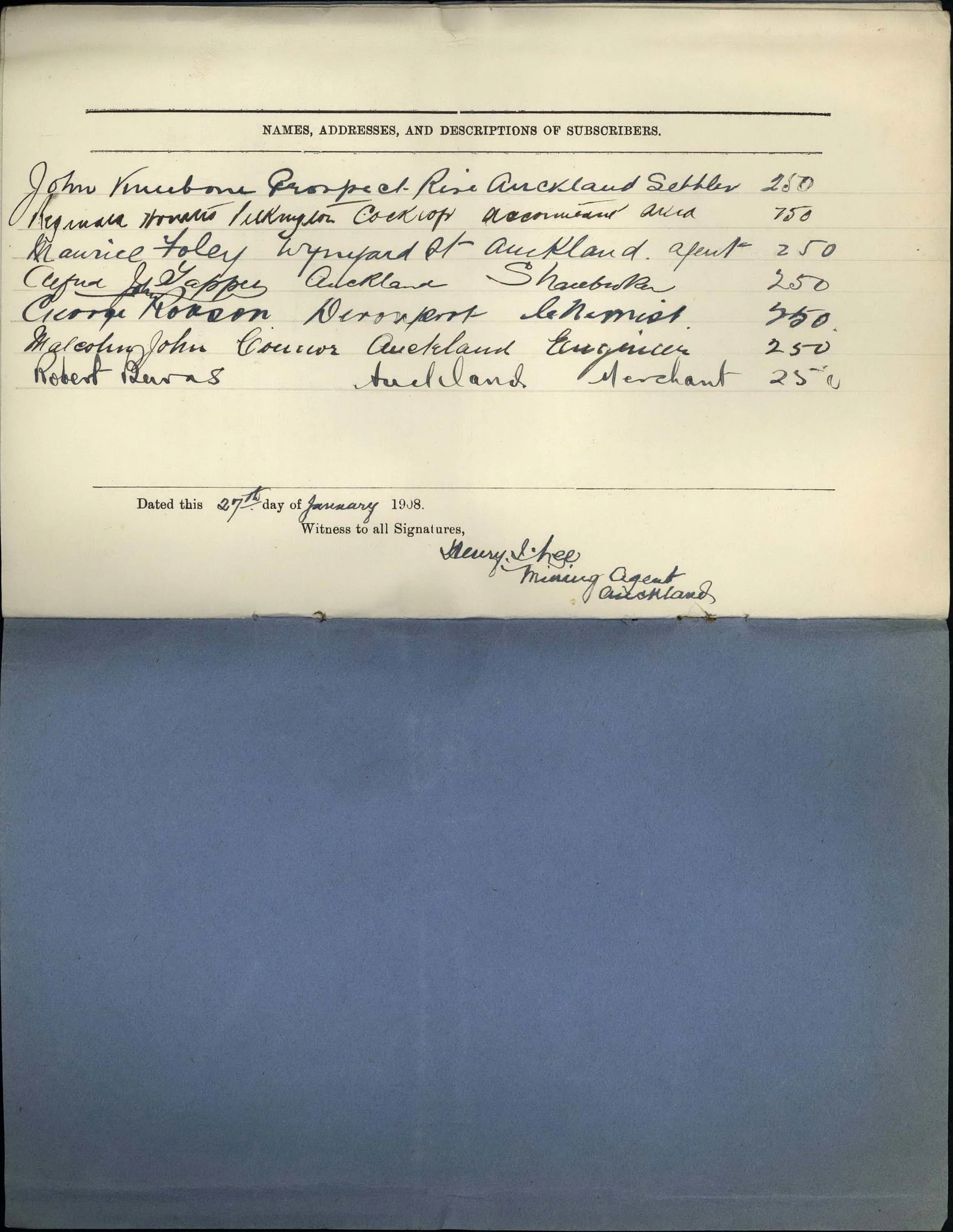 Handwritten excerpt from company registration file