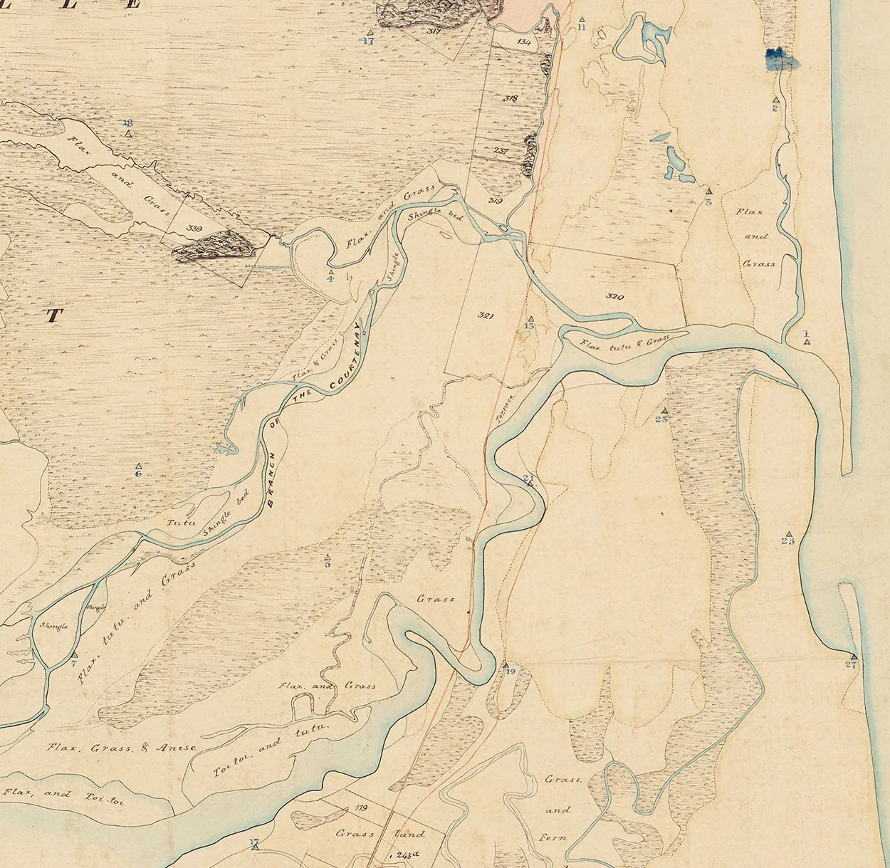 Portion of hand drawn map showing river and sections.
