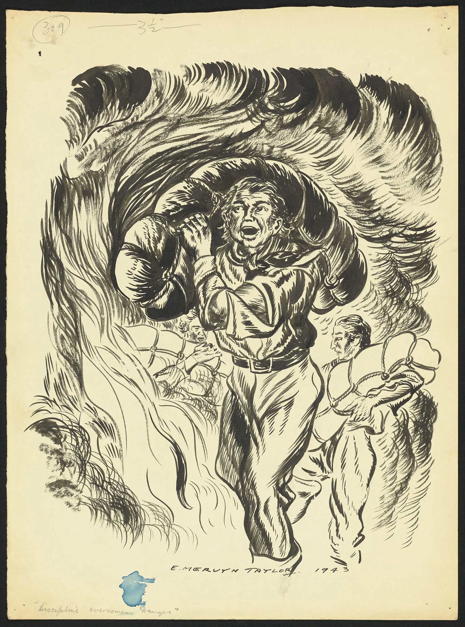  Black print on an old yellowed paper showing a man holding luggage on his head