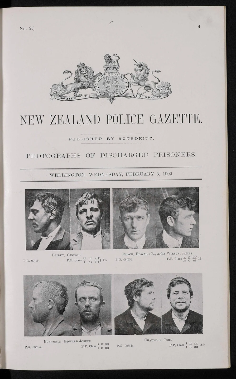 Black and white photos of 4 men underneath a title saying ‘Photographs of discharged prisoners. Wellington, Wednesday February 3, 1909’.