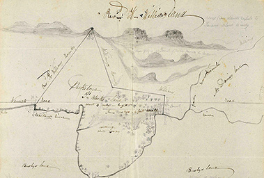 Hand-drawn map showing property boundaries, rivers, hills and other landscape features, with handwritten place names and annotations.