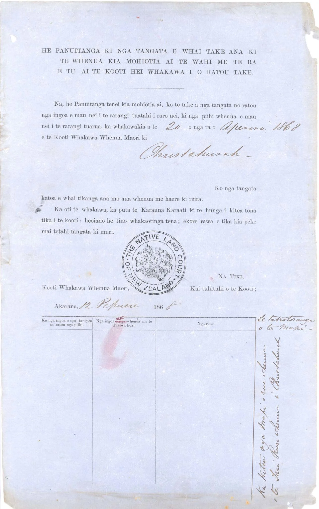Sitting Notice by Native Land Court - 1868