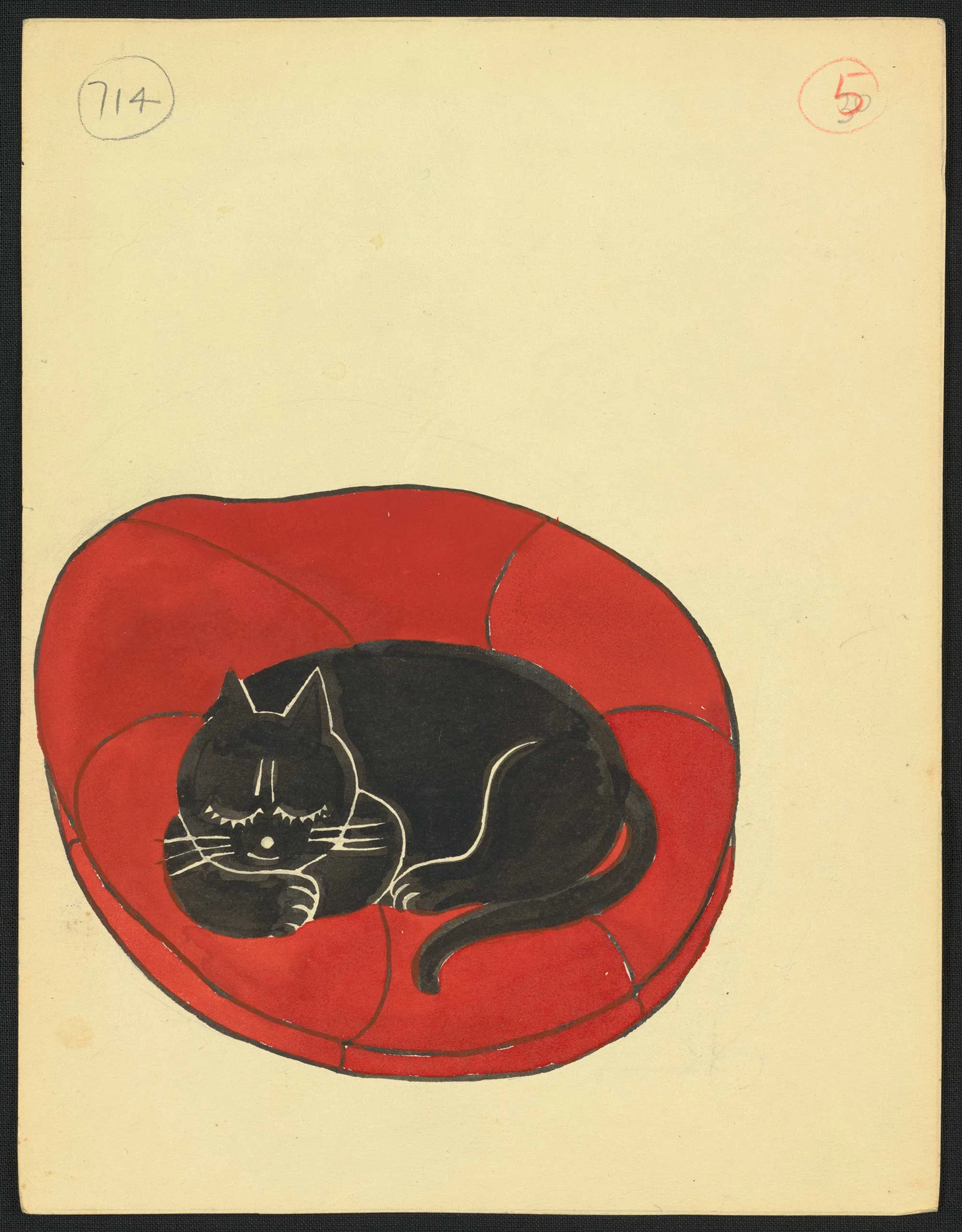 An illustration of a black cat sleeping on a red cat bed 