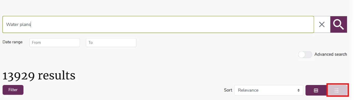 Screenshot of the Collections search results page. The list view icon is under the search bar on the right of the screen, highlighted by a red box.