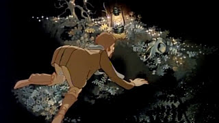 A coloured illustration of a person wearing a brown dress searching on the dark ground