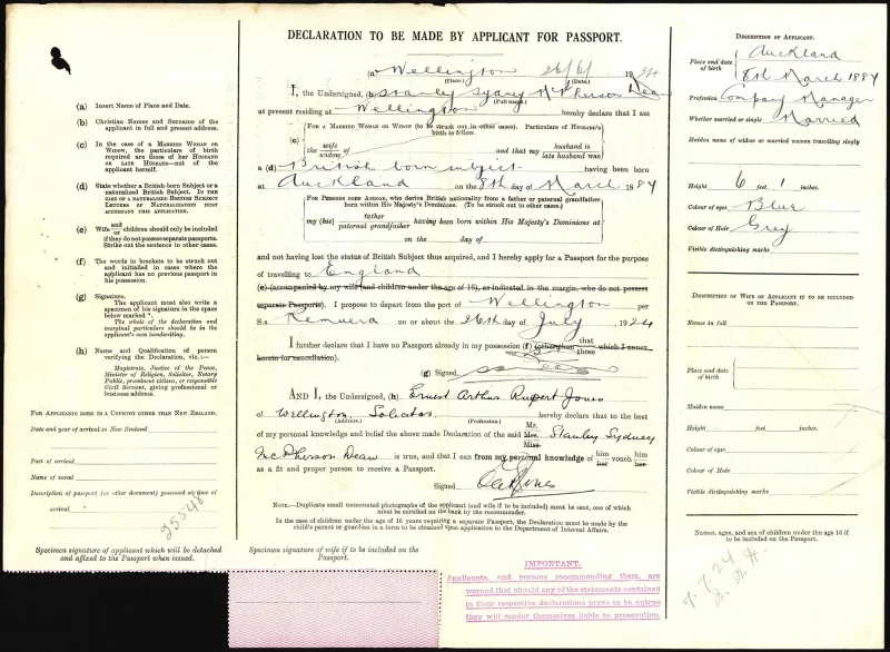 Stanley Sydney McPherson Dean passport application