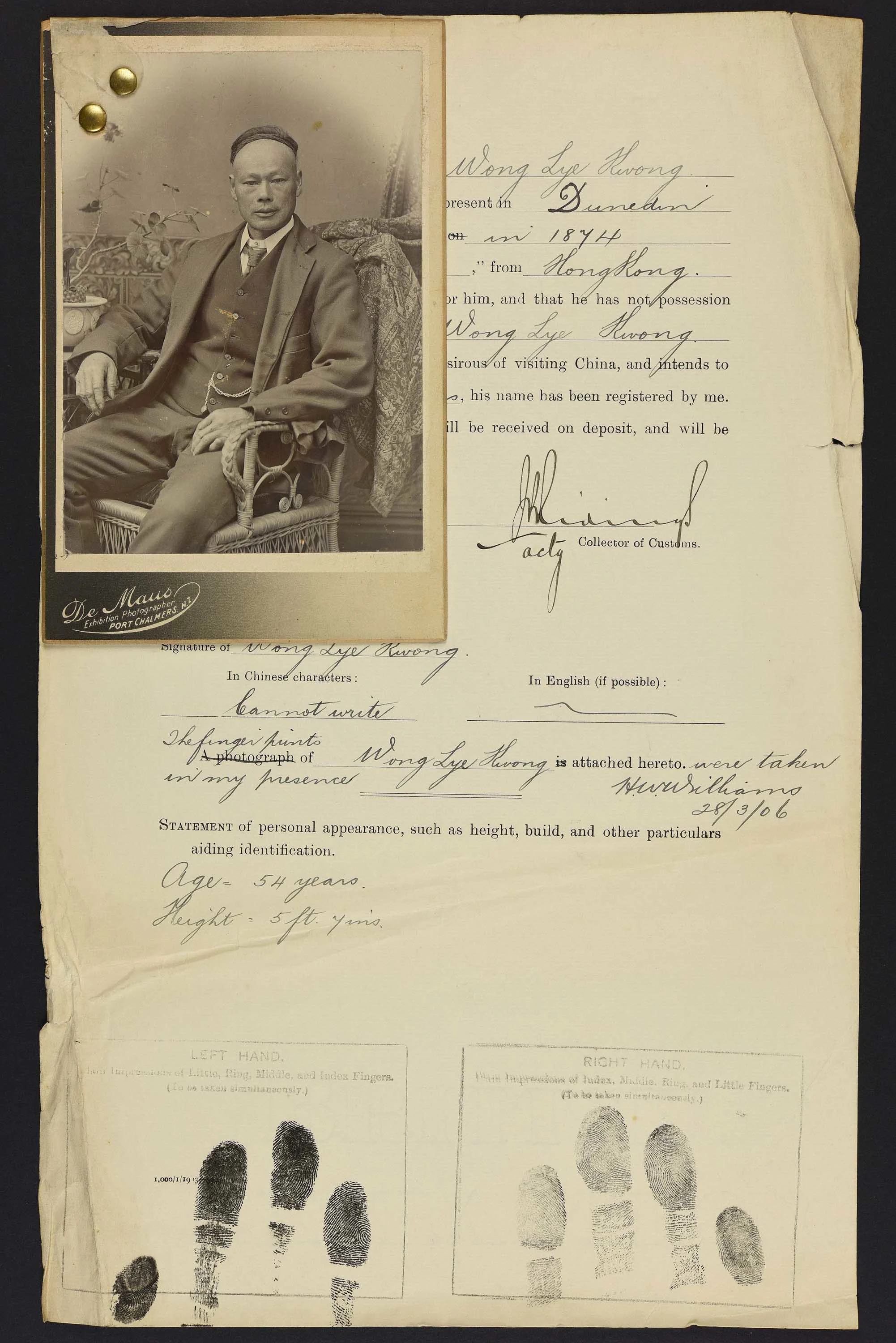 Sepia photo of a seated Chinese man attached to his immigration record