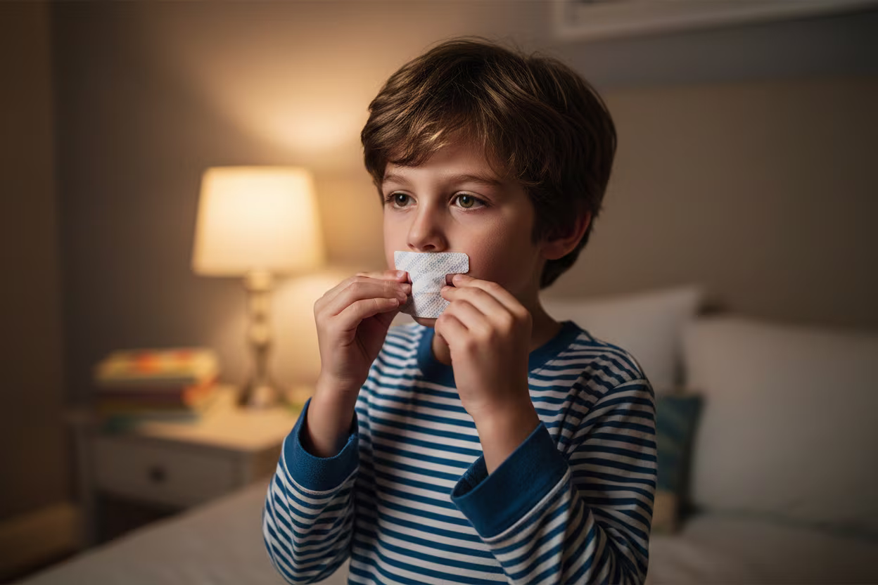 Place lightly across the center of the lips — comfortable, never tight.