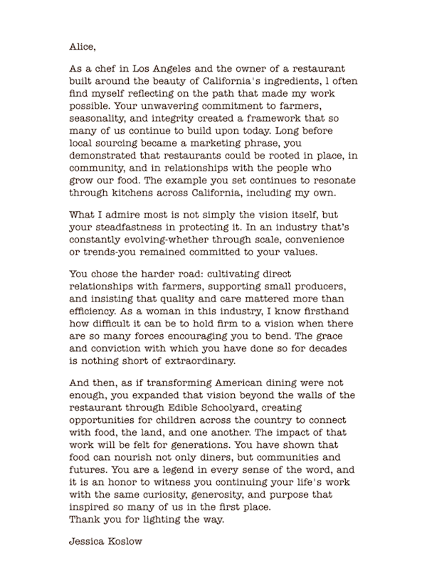 Love letter to Alice Waters from Jessica Koslow