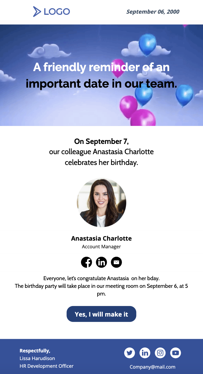 How to Write an Event Reminder Email? (Tips + Templates) | Unlayer, image size:714x1315