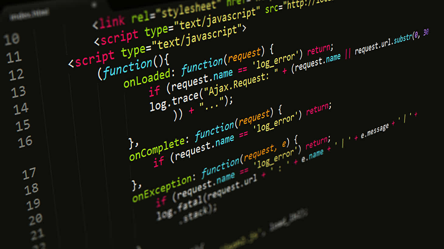 JavaScript code in black text editor
