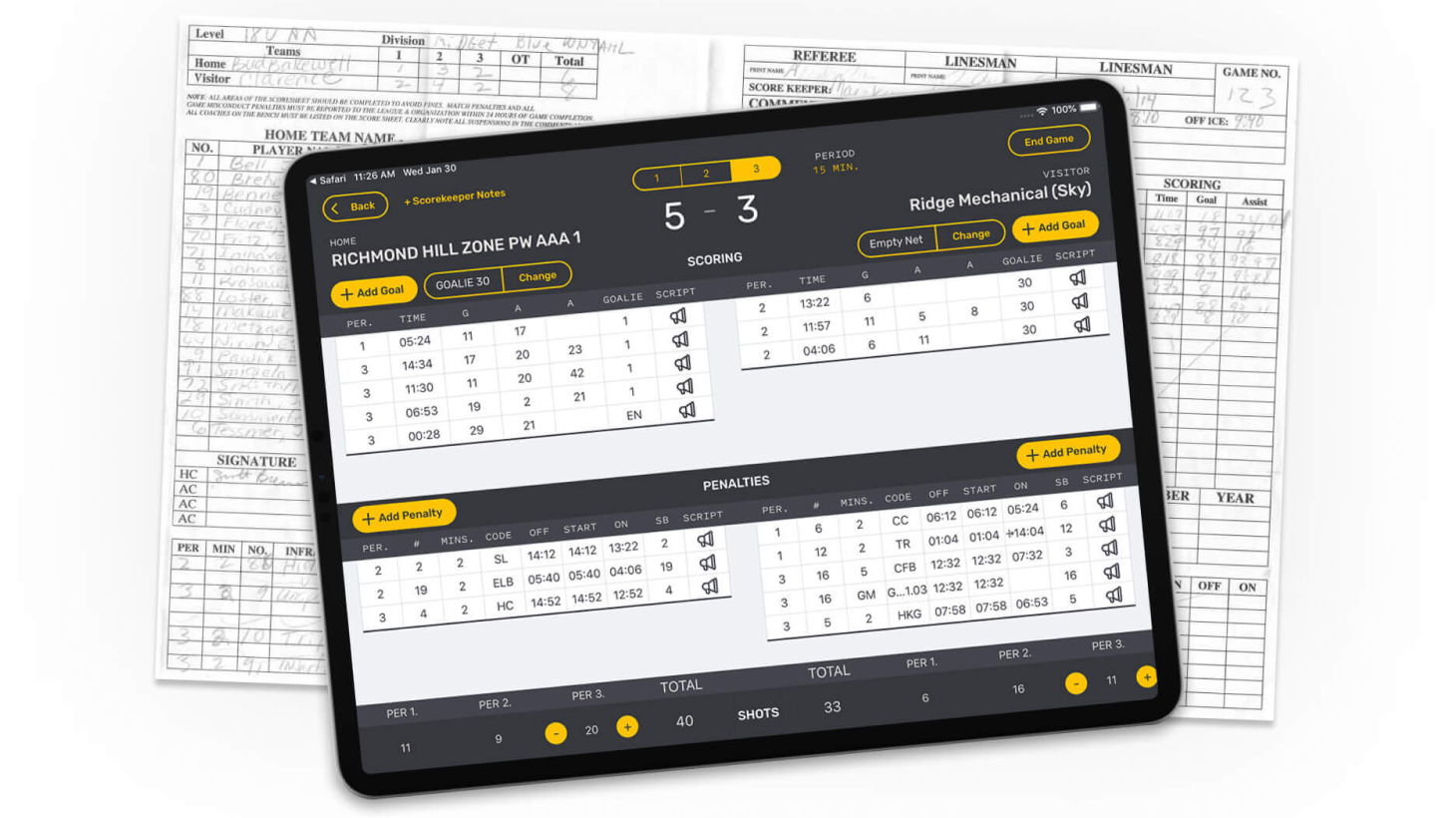 Gamesheet Screen mockup