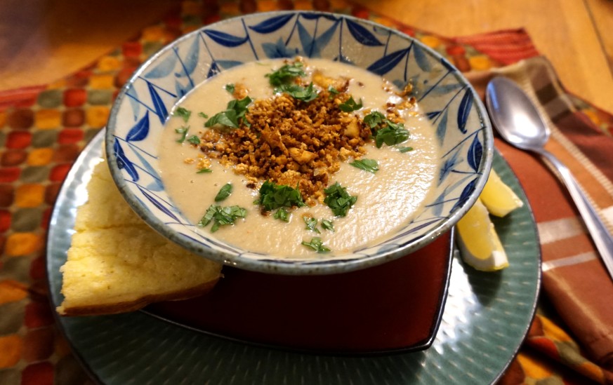 Vegan Cream of Mushroom Soup With Crispy Tofu Crumble