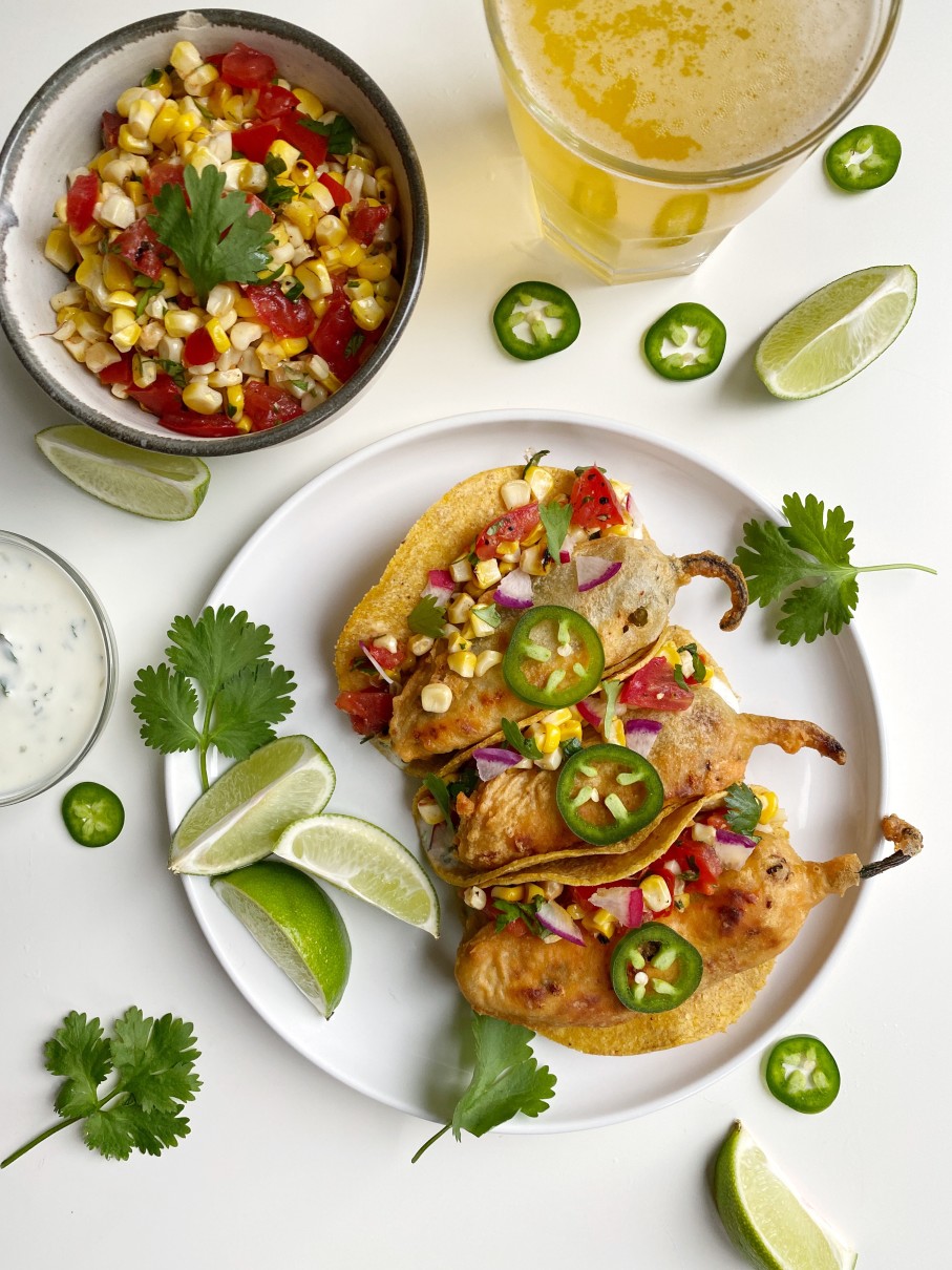 Vegetarian Recipe: Beer Battered Jalapeño Tacos with Grilled Corn Salsa