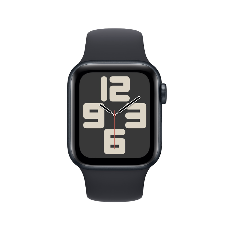 A front view of Apple Watch SE in Midnight with a black strap and a bold watchface display screen.