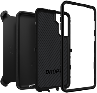 Angled Black OtterBox Galaxy S21+ 5G Defender Case in separate layers