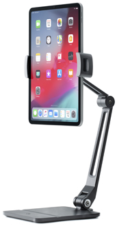 Angled black Twelve South HoverBar Duo as a stand with a tablet