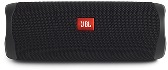 Vue avant de l’enceinte Bluetooth Flip 5 noire de JBL à l’horizontale
