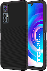 Angled black Axessorize PROTech Plus Case TCL 30 5G from the back and front