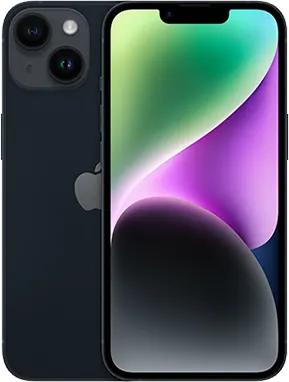 Front and back side of iPhone 14 in Midnight.