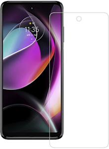 Axessorize ARMORGlass Screen protector hovering in front of the Moto G 5G (2022)
