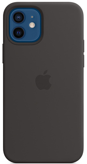 Black Apple Silicone Case with MagSafe flat view from the back on a blue iPhone 12