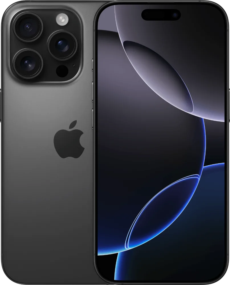 Front and back side of iPhone 16 Pro in Black Titanium