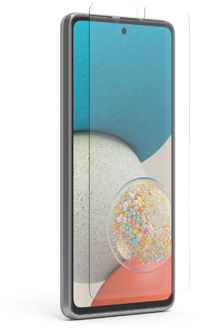 Vue en angle du protecteur d’écran haute définition en verre de Puregear en suspension au-dessus d’un Galaxy A53.