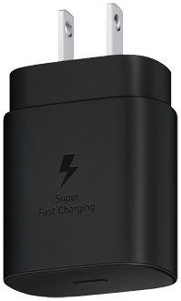 Black Samsung 25W USB-C Adapter front angled view