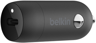 Angled view of black Belkin 18W USB-C Car charger
