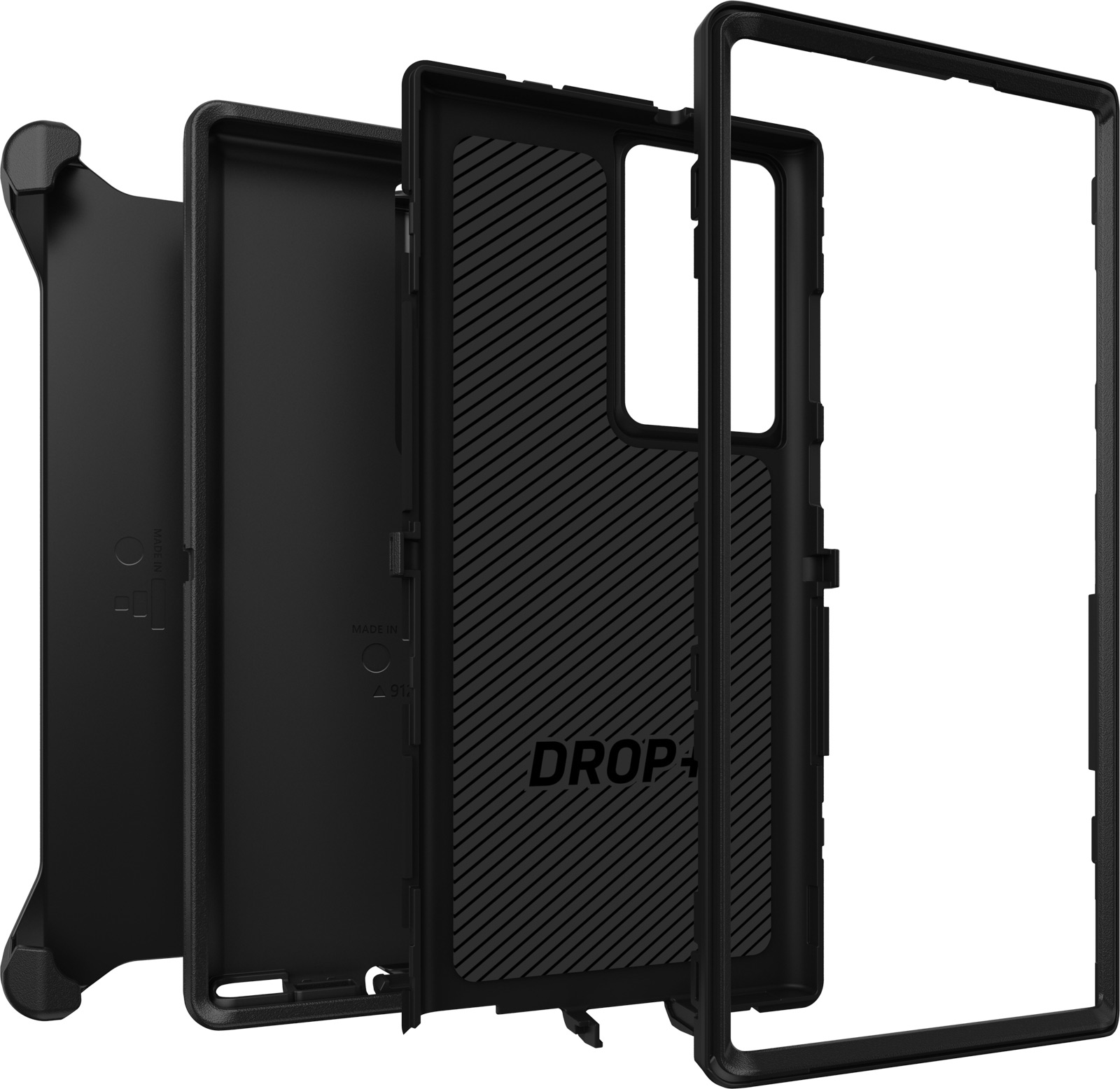 Angled Black OtterBox Galaxy S22 Ultra Defender Case in separate layers