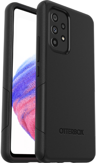 Angled black OtterBox Galaxy A53 Commuter Lite Case from the front and back