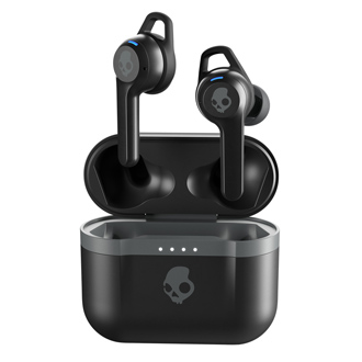 Black Skullcandy Indy Evo True Wireless Earbuds above the case front view
