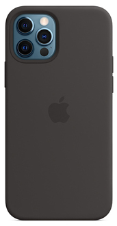 Black Apple Silicone Case with MagSafe flat view from the back on a Blue iPhone 12 Pro