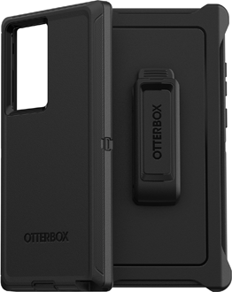 Angled Black OtterBox Galaxy S22 Ultra Defender Case from the back with holster