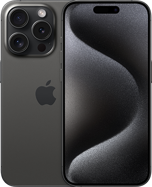 Front and back side of iPhone 15 Pro in Black Titanium
