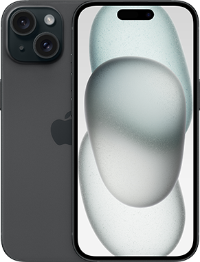 Front and back side of iPhone 15 in Black.