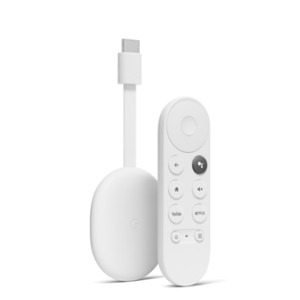 White Google Chromecast with Google TV beside Chromecast remote