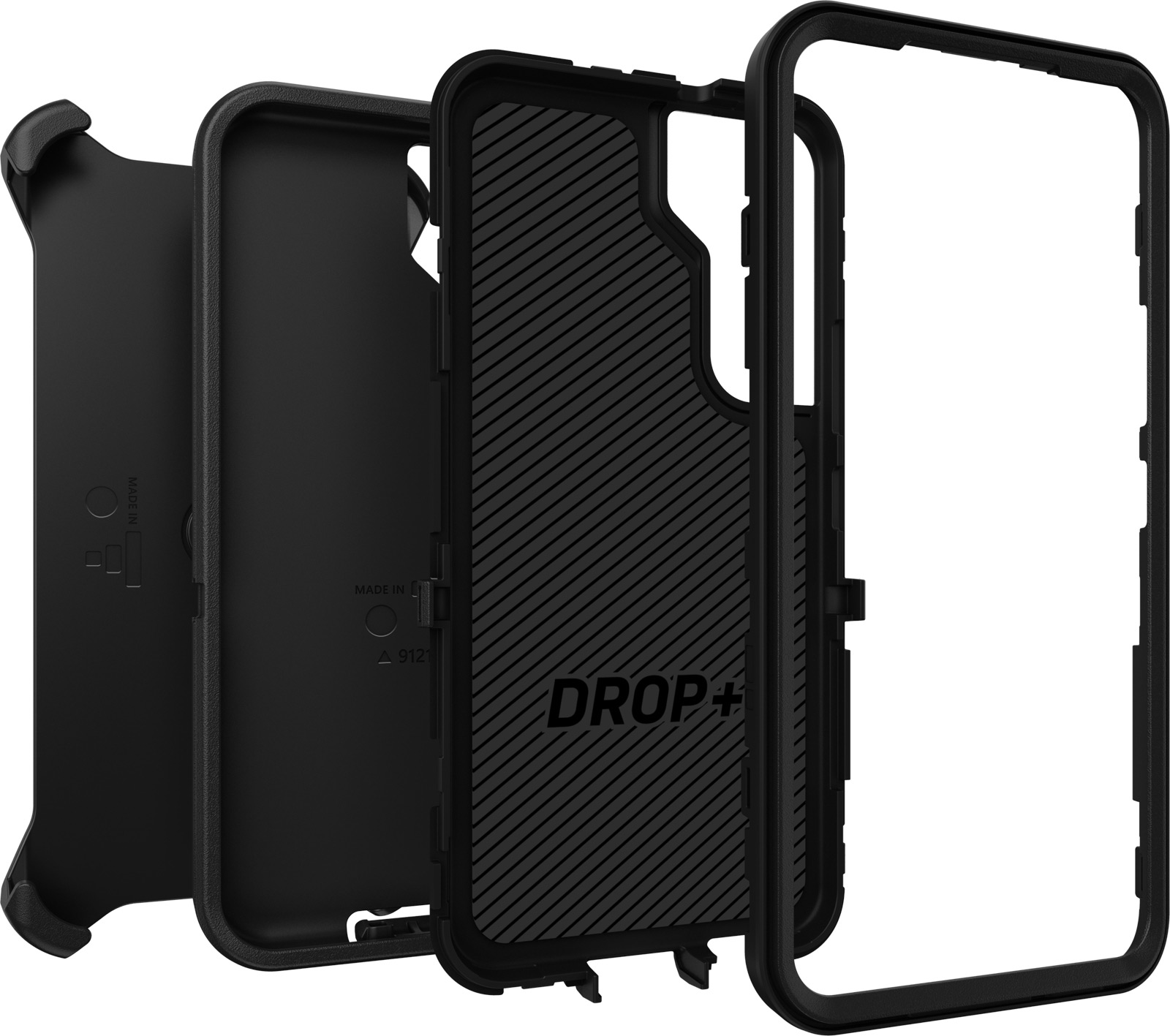 Angled Black OtterBox Galaxy S22 Defender Case in separate layers