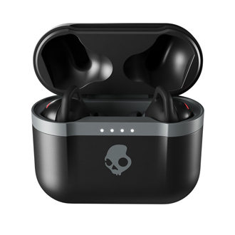 Black Skullcandy Indy Evo True Wireless Earbuds open case front view
