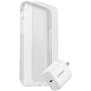 Angled view of clear Symmetry case, screen protector and white wall adapter