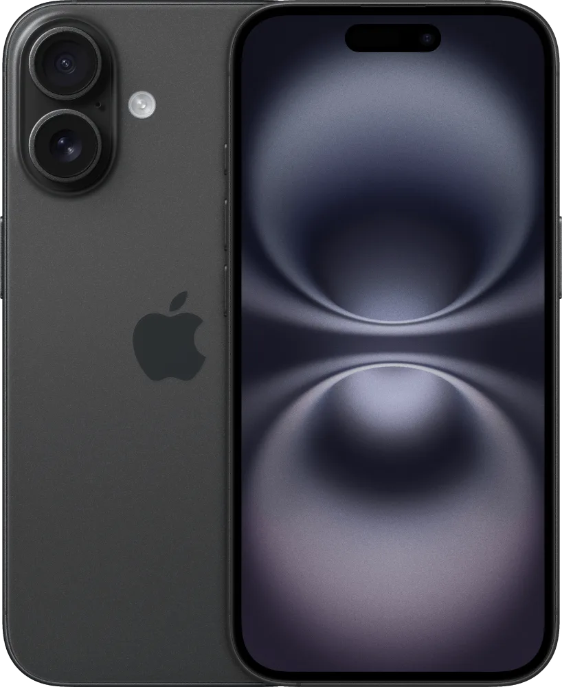 Front and back side of iPhone 16 in Black