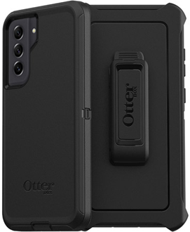 Angled Black OtterBox Galaxy S21 FE Defender Case from the back with holster